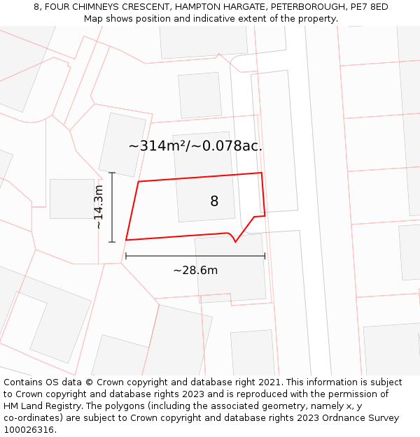 8, FOUR CHIMNEYS CRESCENT, HAMPTON HARGATE, PETERBOROUGH, PE7 8ED: Plot and title map