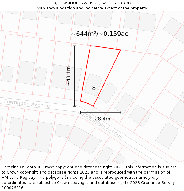 8, FOWNHOPE AVENUE, SALE, M33 4RD: Plot and title map