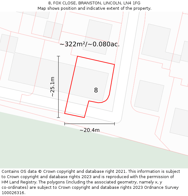 8, FOX CLOSE, BRANSTON, LINCOLN, LN4 1FG: Plot and title map