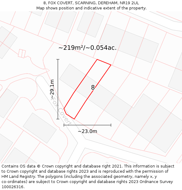 8, FOX COVERT, SCARNING, DEREHAM, NR19 2UL: Plot and title map