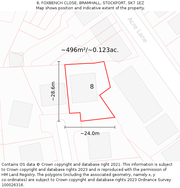 8, FOXBENCH CLOSE, BRAMHALL, STOCKPORT, SK7 1EZ: Plot and title map