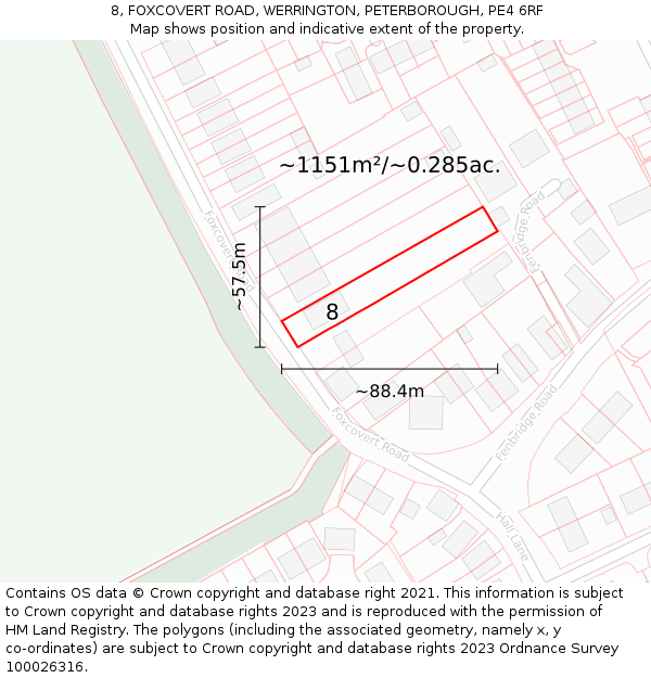 8, FOXCOVERT ROAD, WERRINGTON, PETERBOROUGH, PE4 6RF: Plot and title map