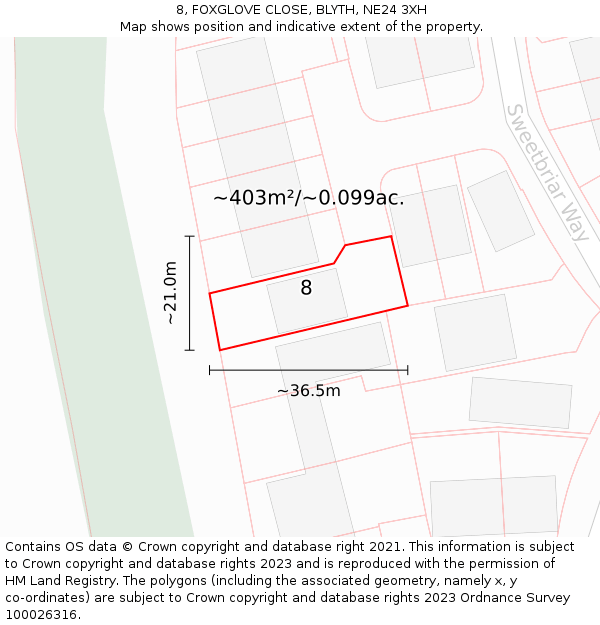 8, FOXGLOVE CLOSE, BLYTH, NE24 3XH: Plot and title map