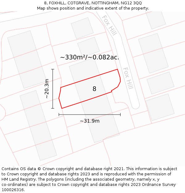 8, FOXHILL, COTGRAVE, NOTTINGHAM, NG12 3QQ: Plot and title map