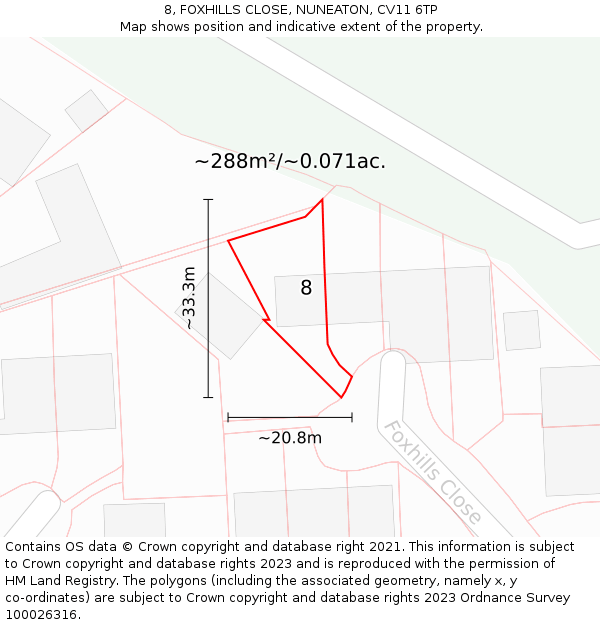 8, FOXHILLS CLOSE, NUNEATON, CV11 6TP: Plot and title map