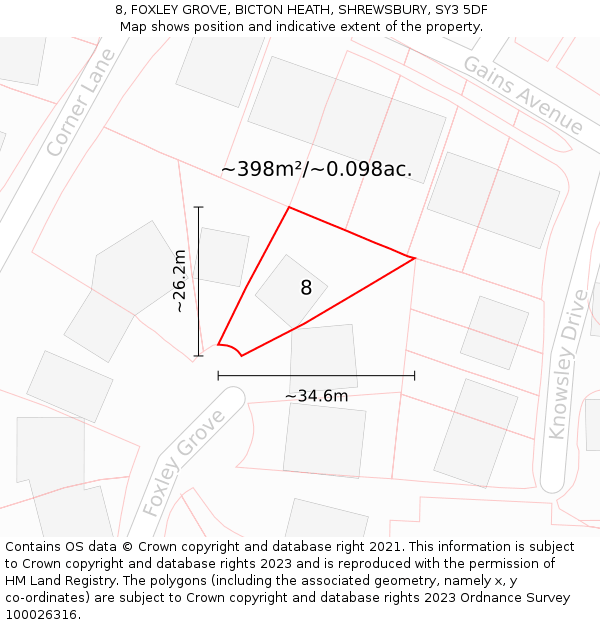 8, FOXLEY GROVE, BICTON HEATH, SHREWSBURY, SY3 5DF: Plot and title map