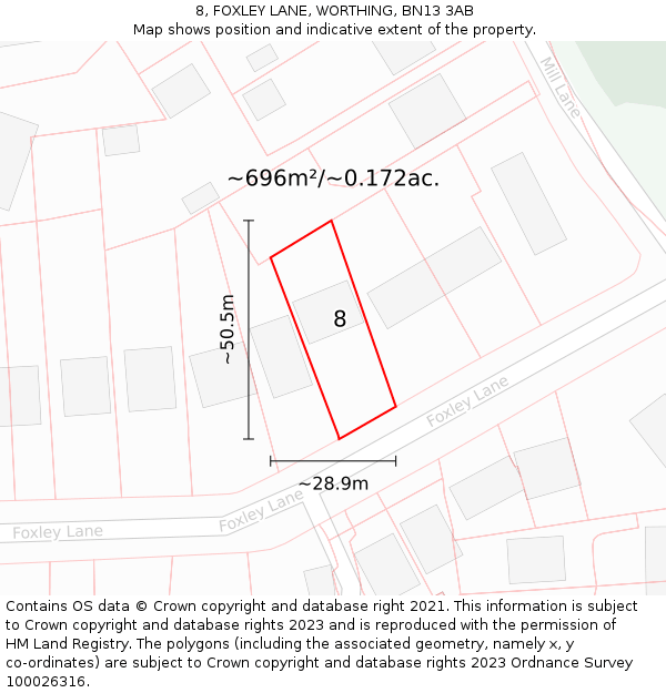 8, FOXLEY LANE, WORTHING, BN13 3AB: Plot and title map