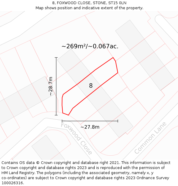 8, FOXWOOD CLOSE, STONE, ST15 0LN: Plot and title map