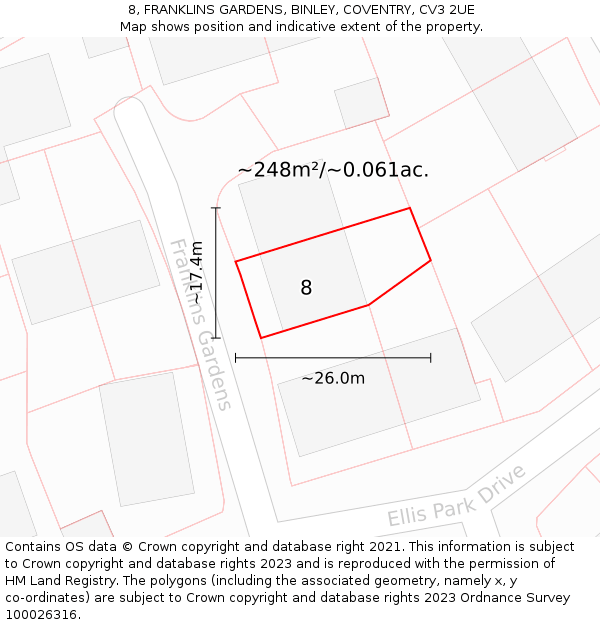 8, FRANKLINS GARDENS, BINLEY, COVENTRY, CV3 2UE: Plot and title map