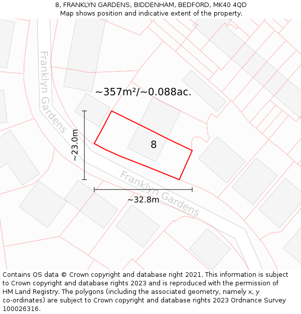 8, FRANKLYN GARDENS, BIDDENHAM, BEDFORD, MK40 4QD: Plot and title map