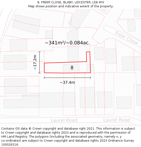 8, FREER CLOSE, BLABY, LEICESTER, LE8 4FX: Plot and title map