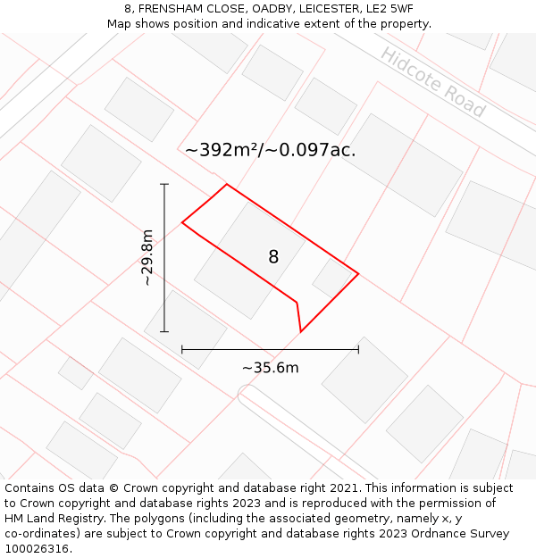 8, FRENSHAM CLOSE, OADBY, LEICESTER, LE2 5WF: Plot and title map
