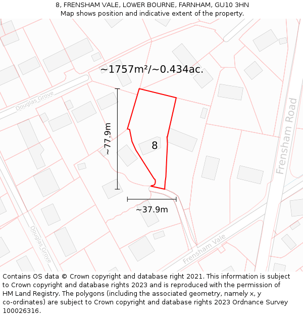 8, FRENSHAM VALE, LOWER BOURNE, FARNHAM, GU10 3HN: Plot and title map