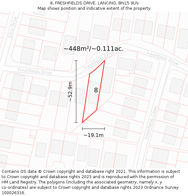 8, FRESHFIELDS DRIVE, LANCING, BN15 9LN: Plot and title map
