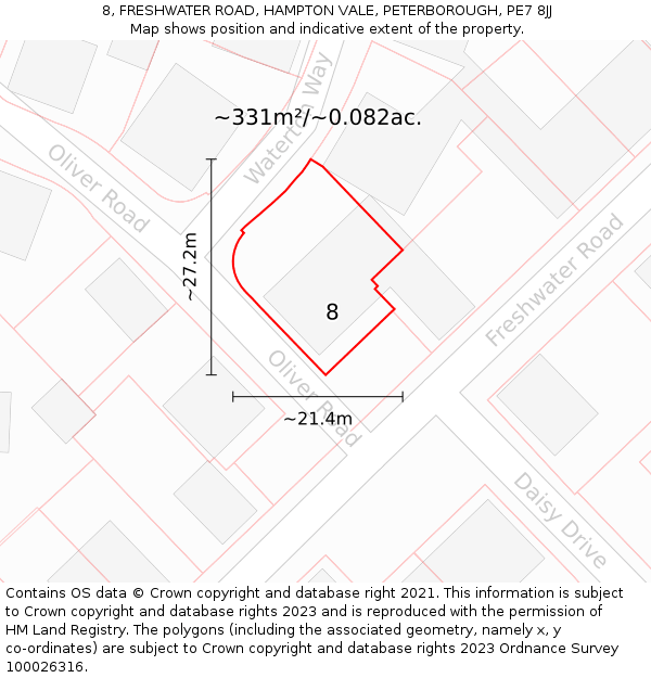 8, FRESHWATER ROAD, HAMPTON VALE, PETERBOROUGH, PE7 8JJ: Plot and title map