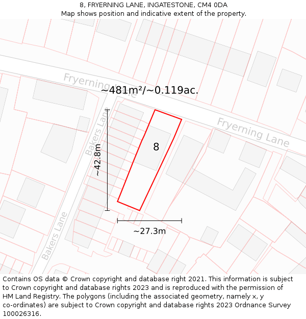 8, FRYERNING LANE, INGATESTONE, CM4 0DA: Plot and title map