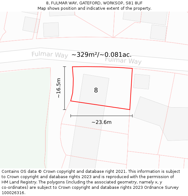 8, FULMAR WAY, GATEFORD, WORKSOP, S81 8UF: Plot and title map