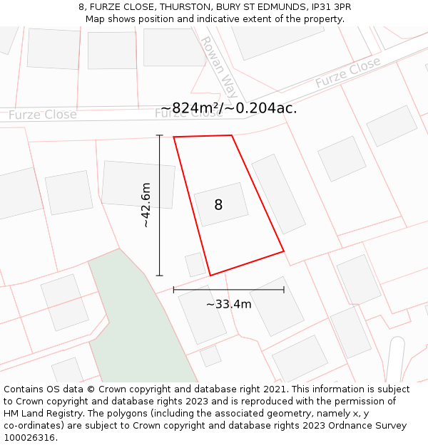 8, FURZE CLOSE, THURSTON, BURY ST EDMUNDS, IP31 3PR: Plot and title map