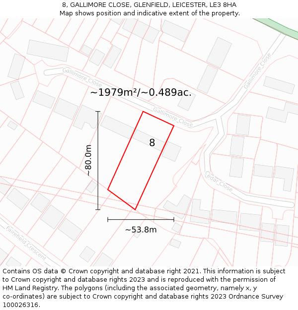 8, GALLIMORE CLOSE, GLENFIELD, LEICESTER, LE3 8HA: Plot and title map