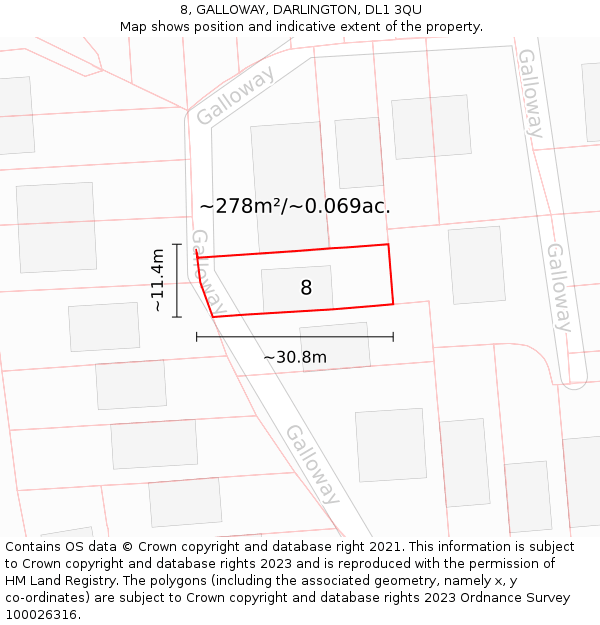 8, GALLOWAY, DARLINGTON, DL1 3QU: Plot and title map