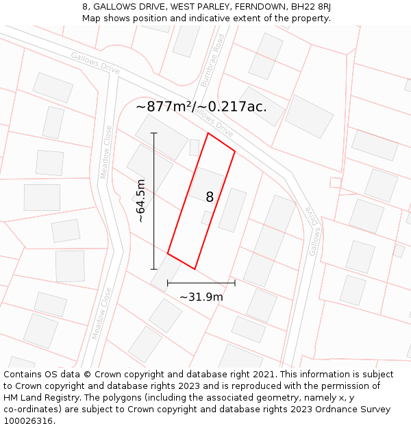 8, GALLOWS DRIVE, WEST PARLEY, FERNDOWN, BH22 8RJ: Plot and title map
