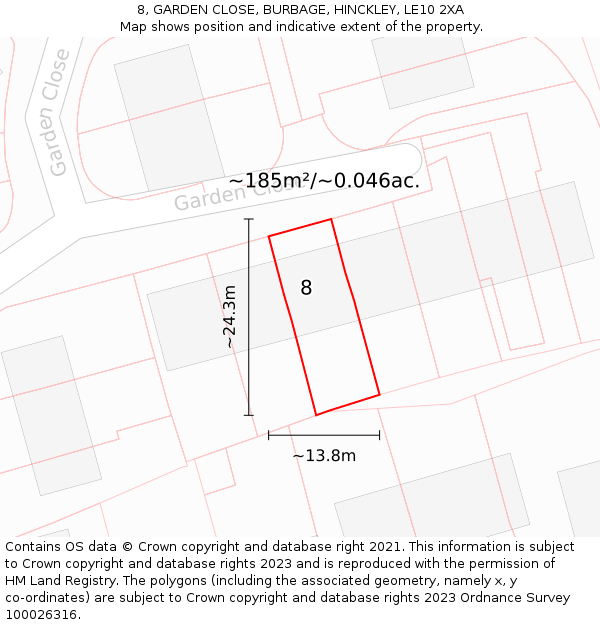 8, GARDEN CLOSE, BURBAGE, HINCKLEY, LE10 2XA: Plot and title map