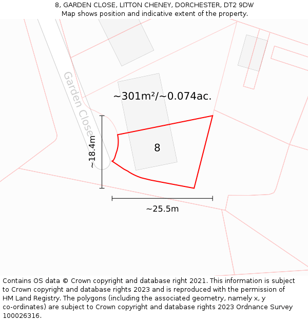 8, GARDEN CLOSE, LITTON CHENEY, DORCHESTER, DT2 9DW: Plot and title map