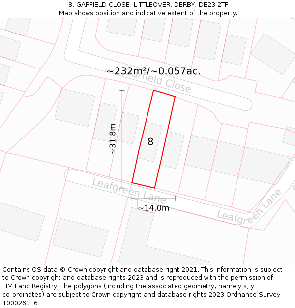 8, GARFIELD CLOSE, LITTLEOVER, DERBY, DE23 2TF: Plot and title map