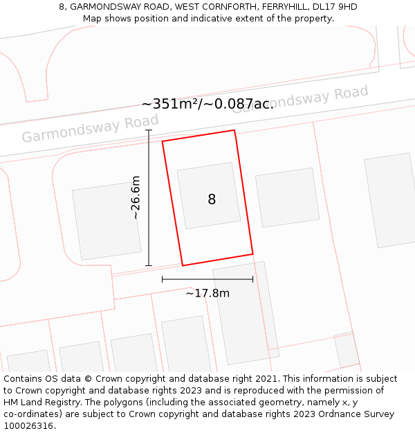 8, GARMONDSWAY ROAD, WEST CORNFORTH, FERRYHILL, DL17 9HD: Plot and title map