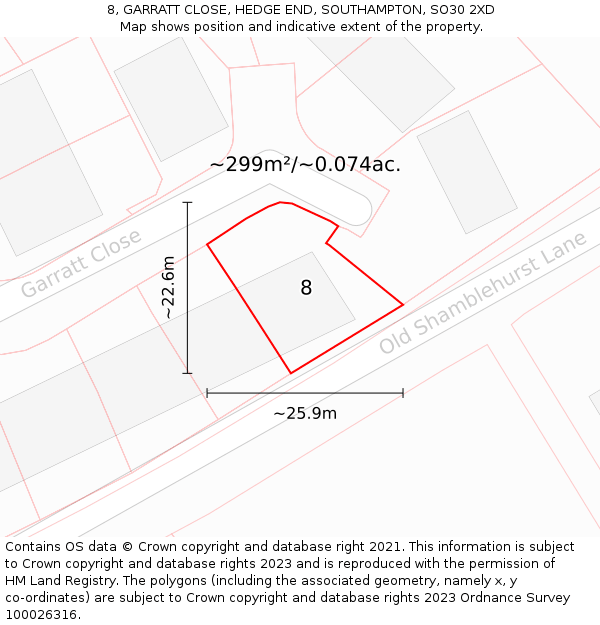 8, GARRATT CLOSE, HEDGE END, SOUTHAMPTON, SO30 2XD: Plot and title map