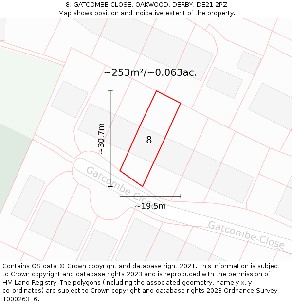 8, GATCOMBE CLOSE, OAKWOOD, DERBY, DE21 2PZ: Plot and title map