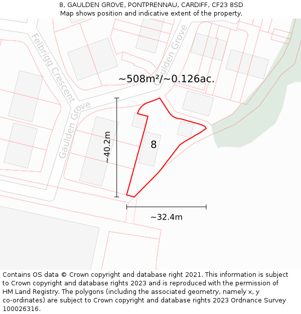 8, GAULDEN GROVE, PONTPRENNAU, CARDIFF, CF23 8SD: Plot and title map
