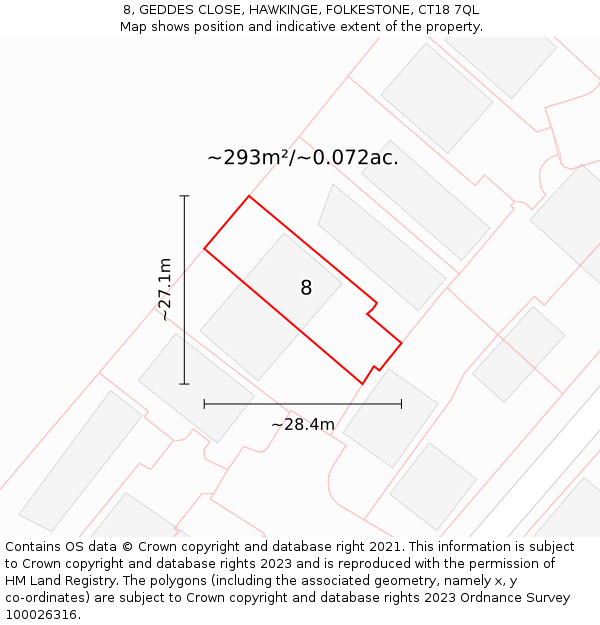 8, GEDDES CLOSE, HAWKINGE, FOLKESTONE, CT18 7QL: Plot and title map