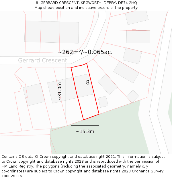 8, GERRARD CRESCENT, KEGWORTH, DERBY, DE74 2HQ: Plot and title map