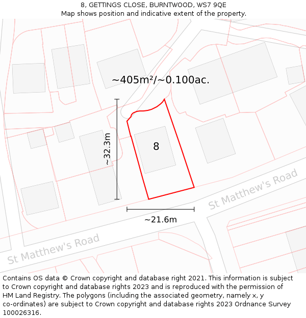 8, GETTINGS CLOSE, BURNTWOOD, WS7 9QE: Plot and title map