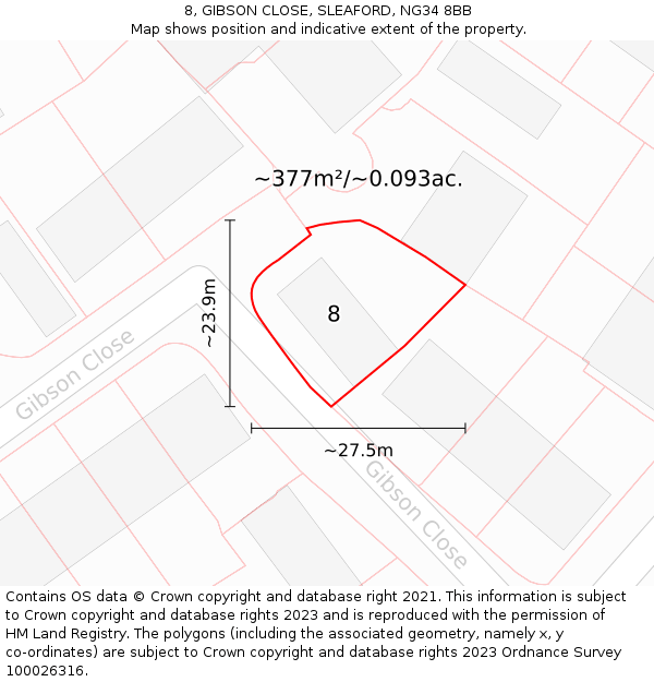 8, GIBSON CLOSE, SLEAFORD, NG34 8BB: Plot and title map