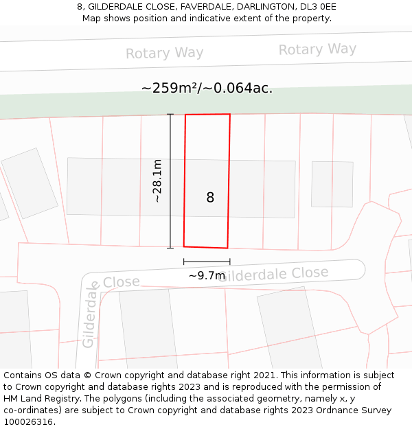 8, GILDERDALE CLOSE, FAVERDALE, DARLINGTON, DL3 0EE: Plot and title map