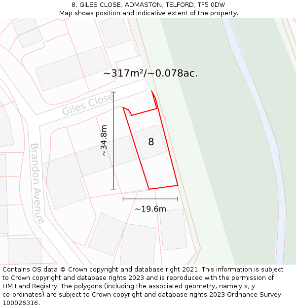 8, GILES CLOSE, ADMASTON, TELFORD, TF5 0DW: Plot and title map