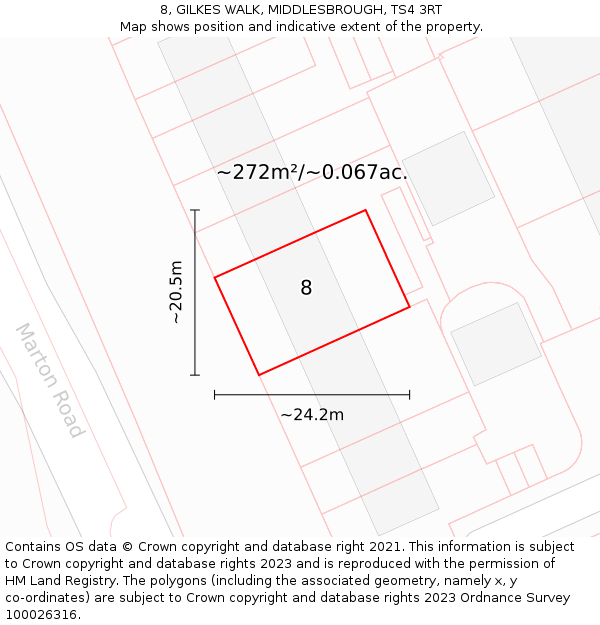 8, GILKES WALK, MIDDLESBROUGH, TS4 3RT: Plot and title map