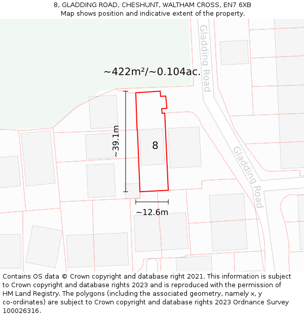 8, GLADDING ROAD, CHESHUNT, WALTHAM CROSS, EN7 6XB: Plot and title map