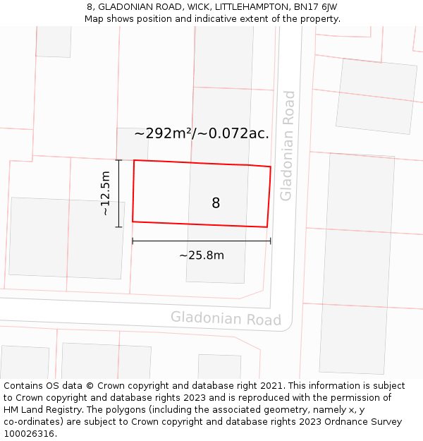 8, GLADONIAN ROAD, WICK, LITTLEHAMPTON, BN17 6JW: Plot and title map
