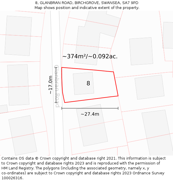 8, GLANBRAN ROAD, BIRCHGROVE, SWANSEA, SA7 9PD: Plot and title map