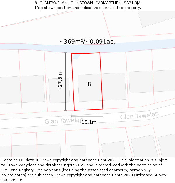 8, GLANTAWELAN, JOHNSTOWN, CARMARTHEN, SA31 3JA: Plot and title map
