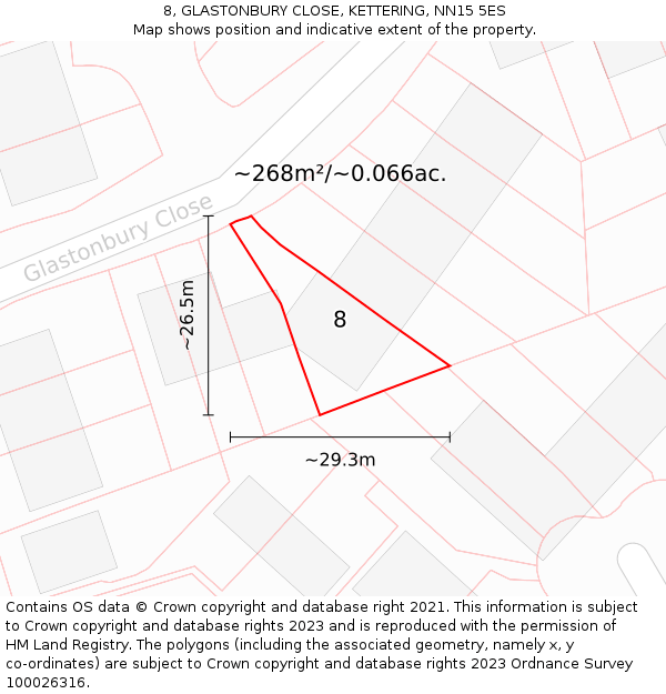 8, GLASTONBURY CLOSE, KETTERING, NN15 5ES: Plot and title map