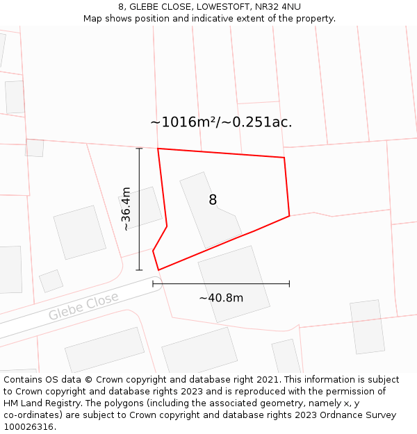 8, GLEBE CLOSE, LOWESTOFT, NR32 4NU: Plot and title map