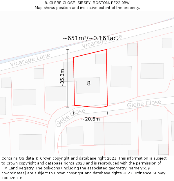 8, GLEBE CLOSE, SIBSEY, BOSTON, PE22 0RW: Plot and title map