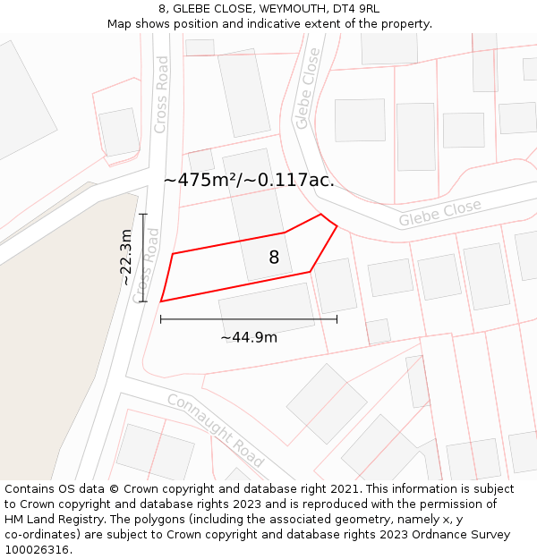 8, GLEBE CLOSE, WEYMOUTH, DT4 9RL: Plot and title map