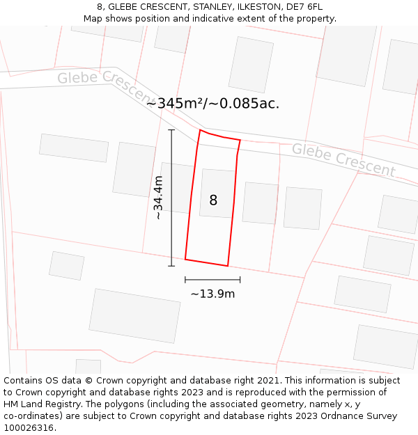 8, GLEBE CRESCENT, STANLEY, ILKESTON, DE7 6FL: Plot and title map