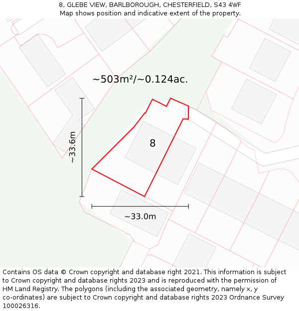 8, GLEBE VIEW, BARLBOROUGH, CHESTERFIELD, S43 4WF: Plot and title map