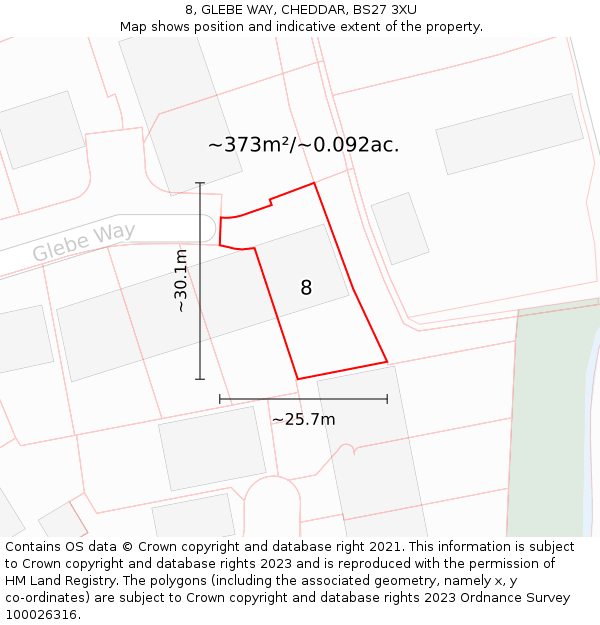 8, GLEBE WAY, CHEDDAR, BS27 3XU: Plot and title map